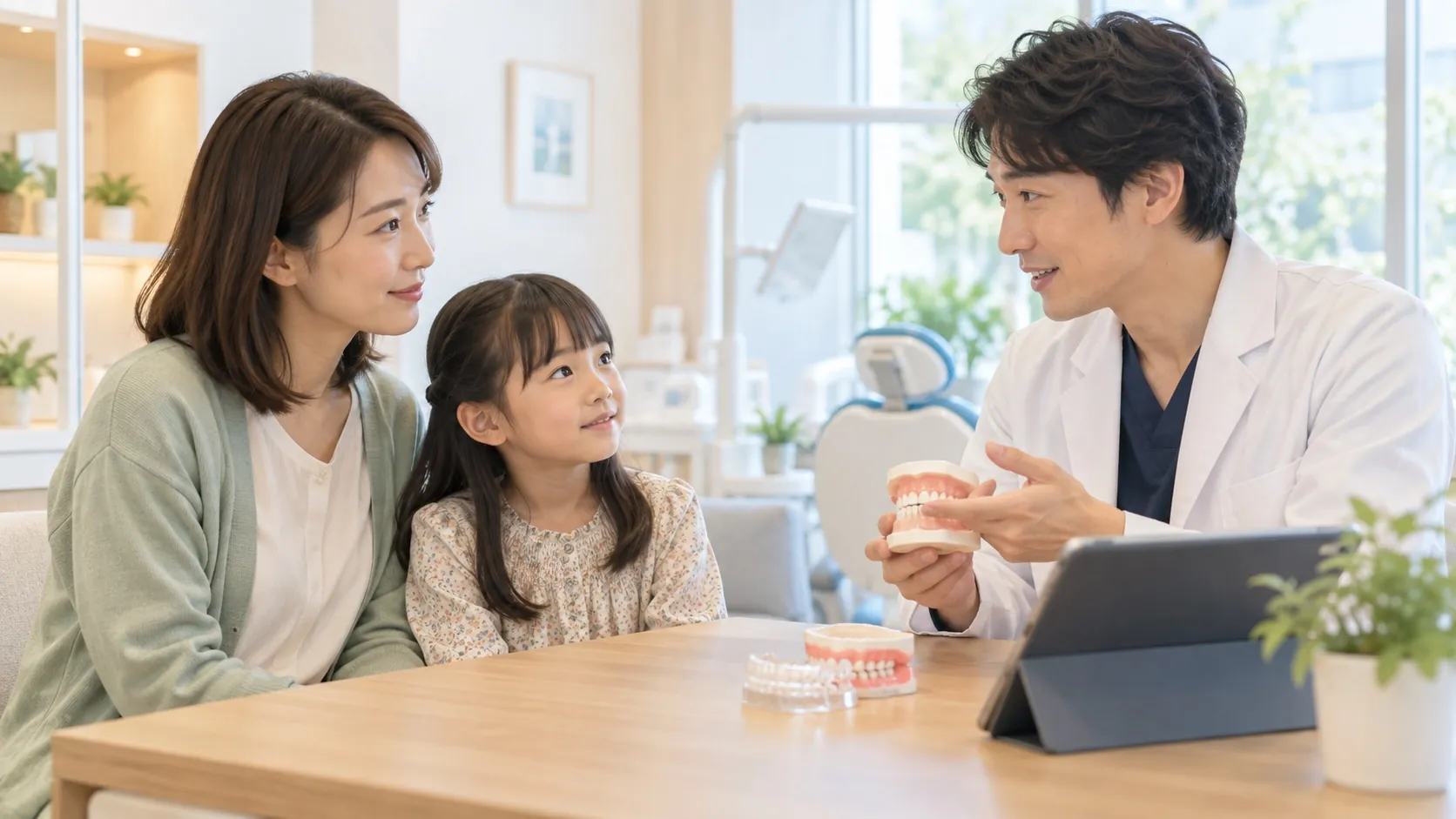 子どもの前歯のガタガタと顎を広げる治療について、歯列模型を見ながら矯正歯科医へ相談する保護者