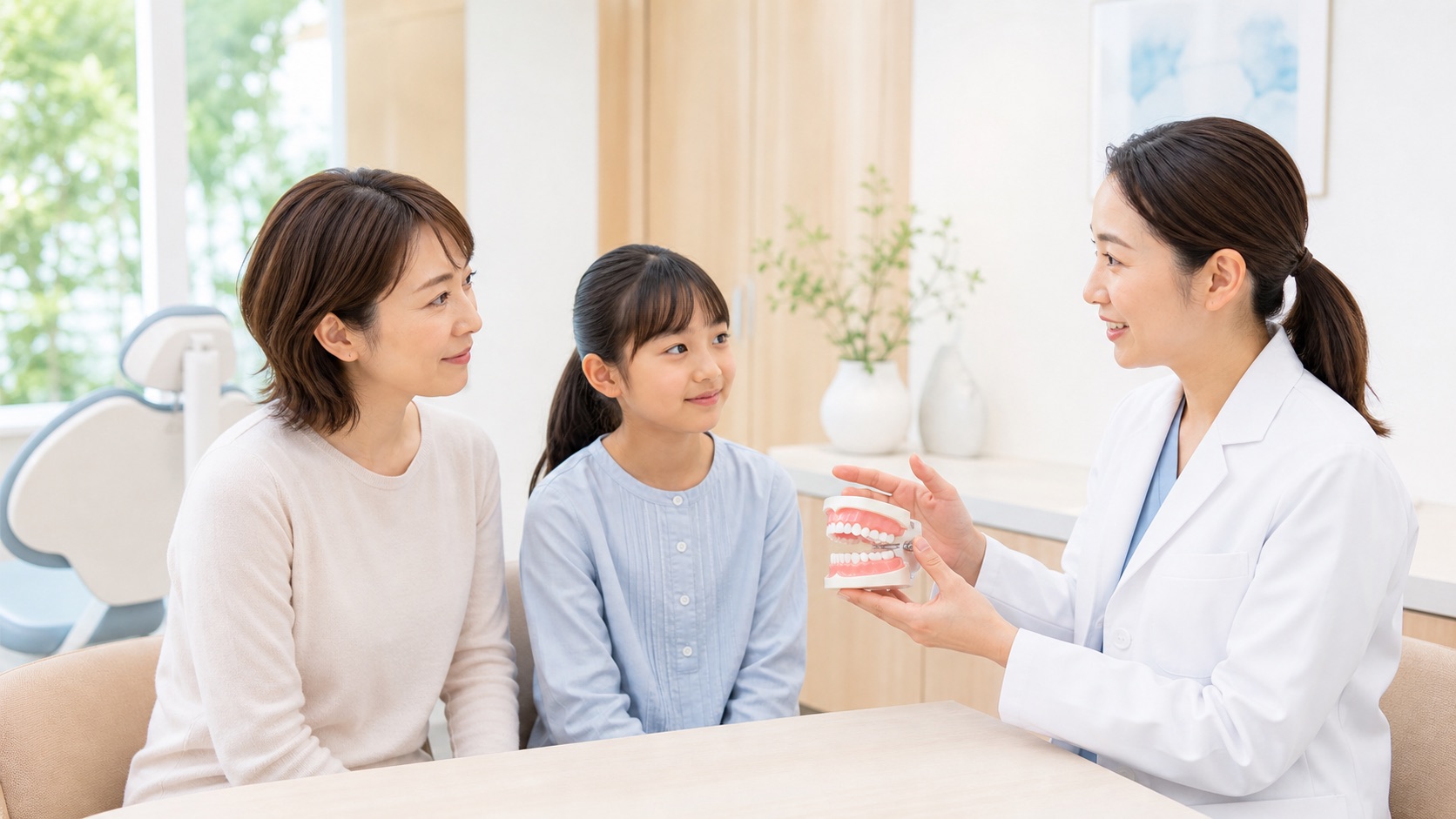 母親と子どもが矯正歯科医から開咬と治療時期について説明を受けている様子