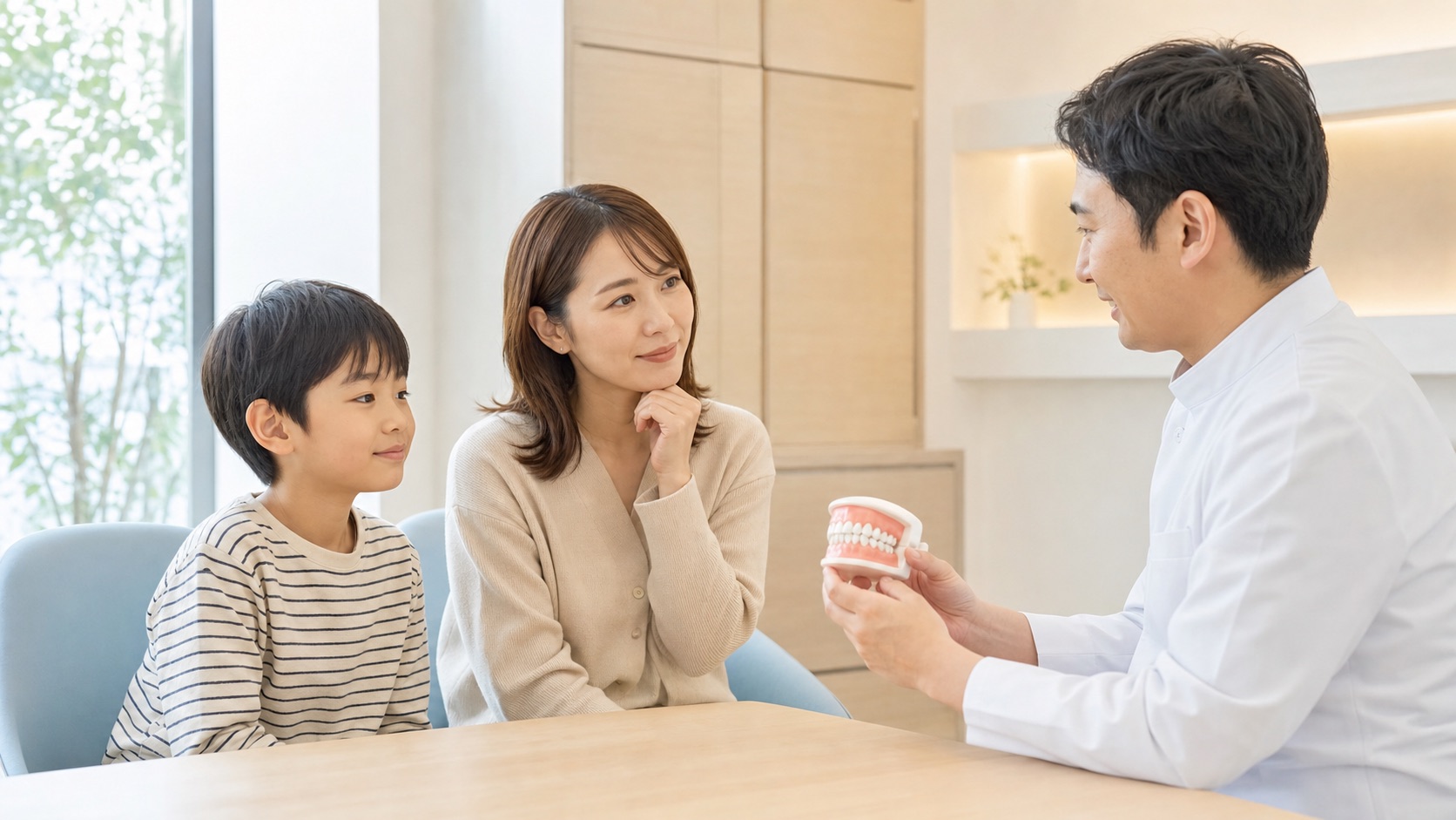 親子が矯正歯科医と子どもの矯正開始時期を相談している様子