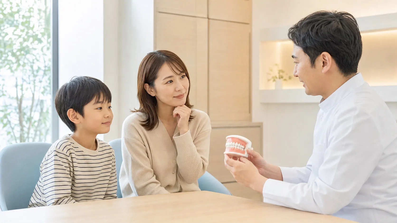 親子が矯正歯科医と子どもの矯正開始時期を相談している様子