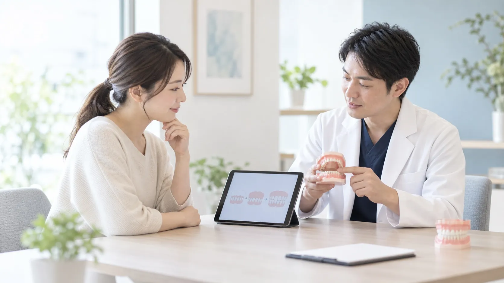 子どもの一期治療を今始めるか成長を見て待つか、歯列模型を使って矯正歯科医へ相談する保護者