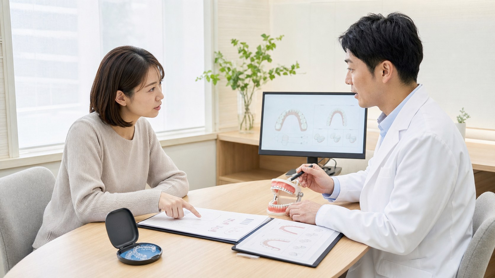 成人女性が矯正歯科医と治療資料や歯列模型を確認している様子