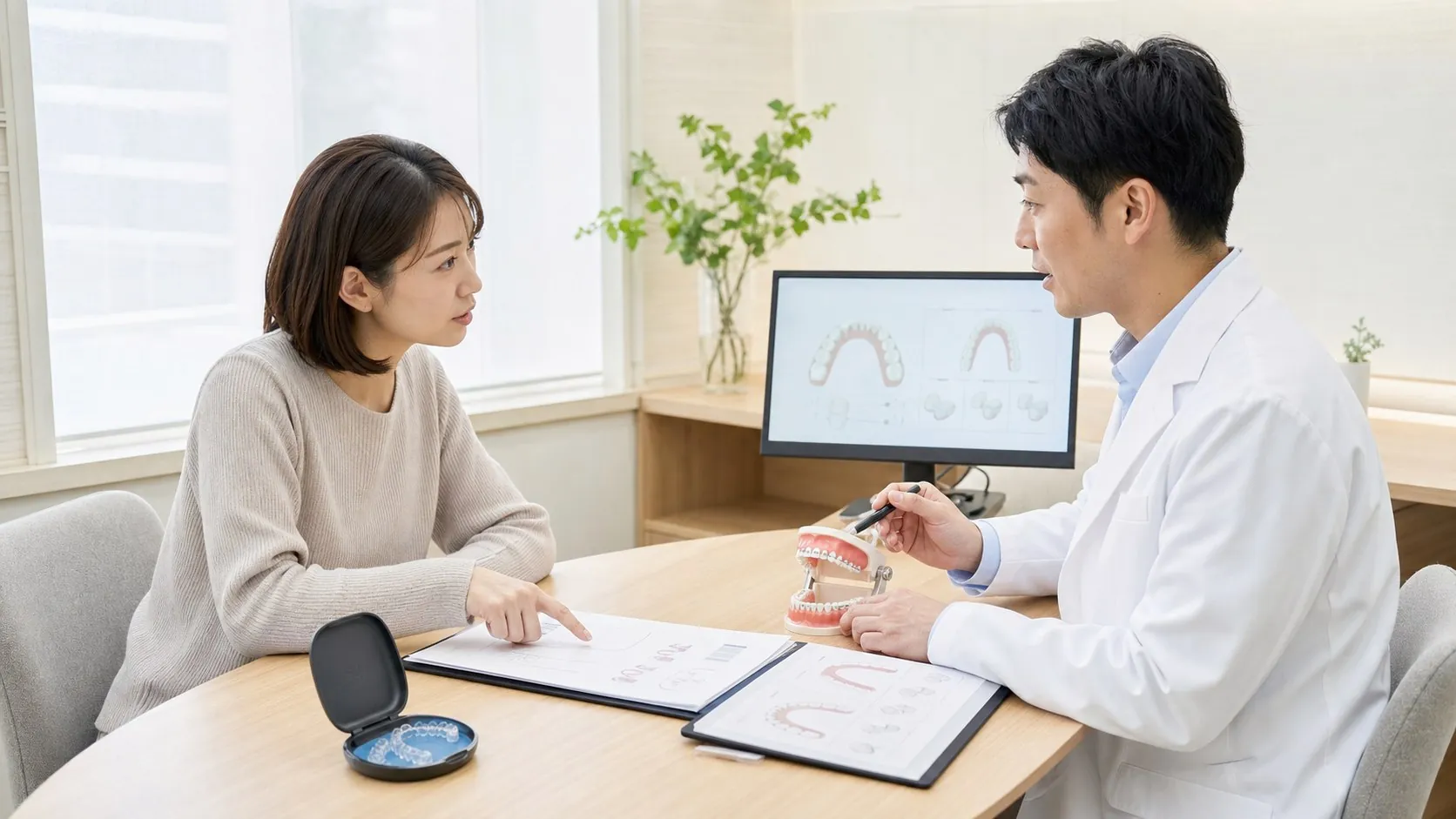 成人女性が矯正歯科医と治療資料や歯列模型を確認している様子