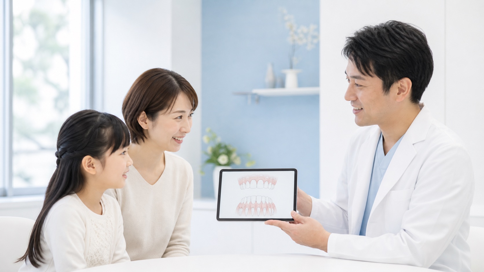 母親と子どもが矯正歯科医へ前歯の生え変わりを相談している様子