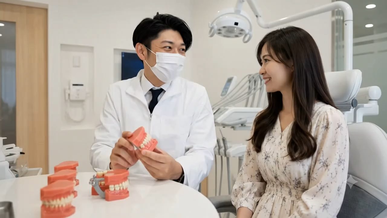院長が歯列模型を使って患者さんへ説明している様子