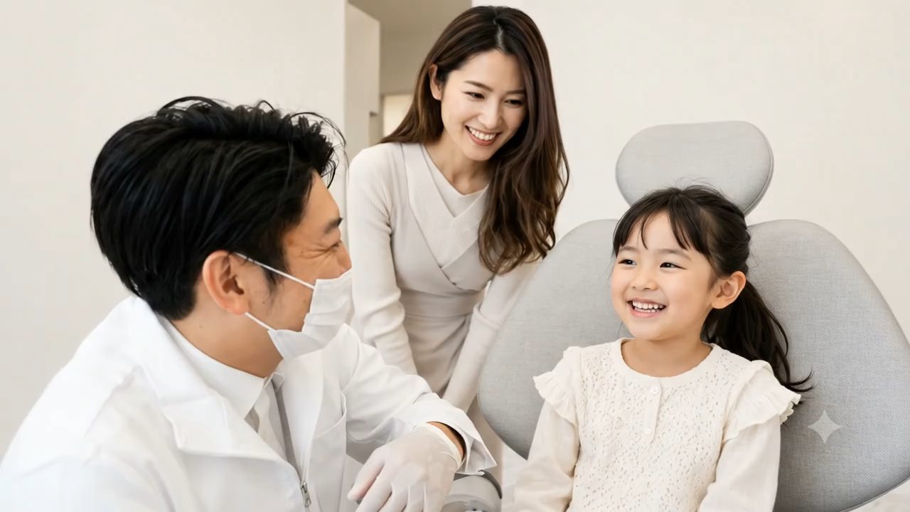 駒沢大学駅近くの駒沢よしや矯正歯科で院長と親子が笑顔で話している様子
