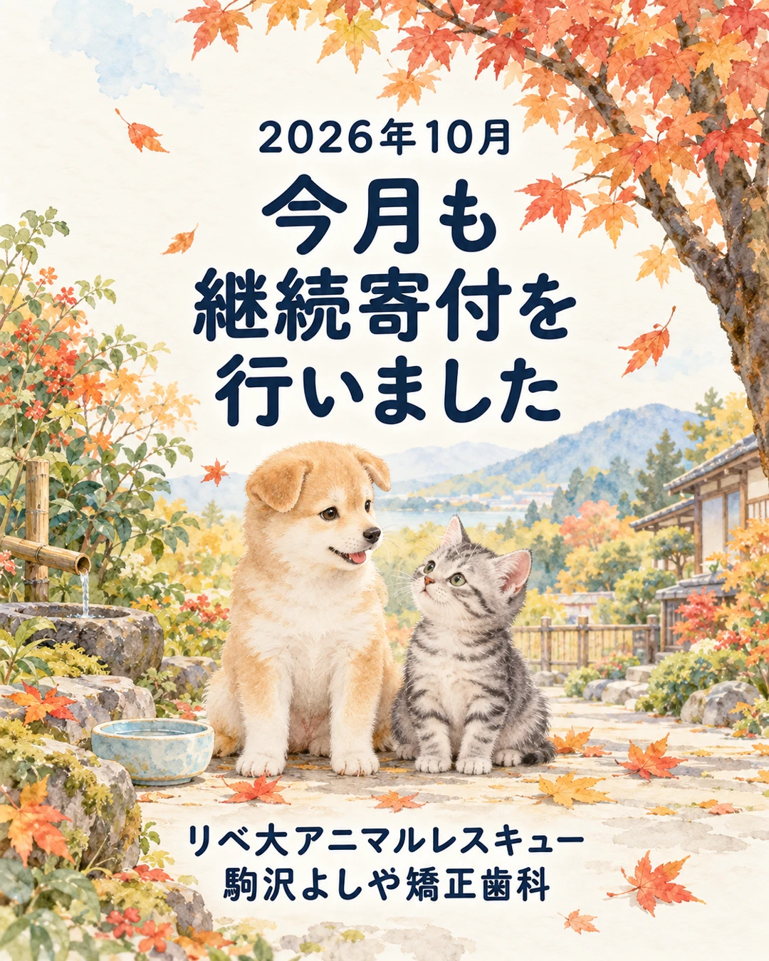 2026年10月の継続寄付のお知らせ。紅葉の庭に並ぶ子犬と子猫。駒沢よしや矯正歯科。AIで作成したイメージ画像。