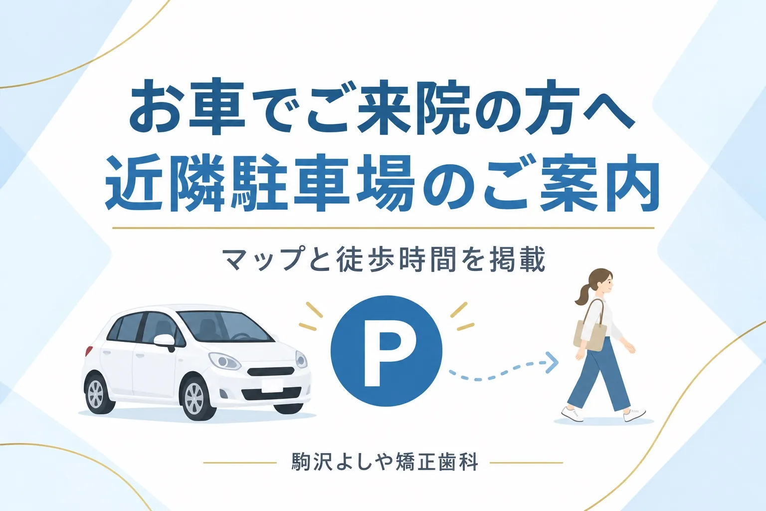 お車でご来院の方へ、近隣駐車場のマップと徒歩時間の掲載を案内するイラスト
