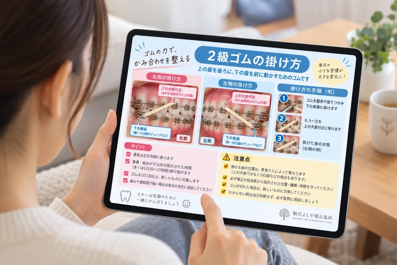 タブレットで2級ゴムの掛け方の確認ガイドを見ている様子