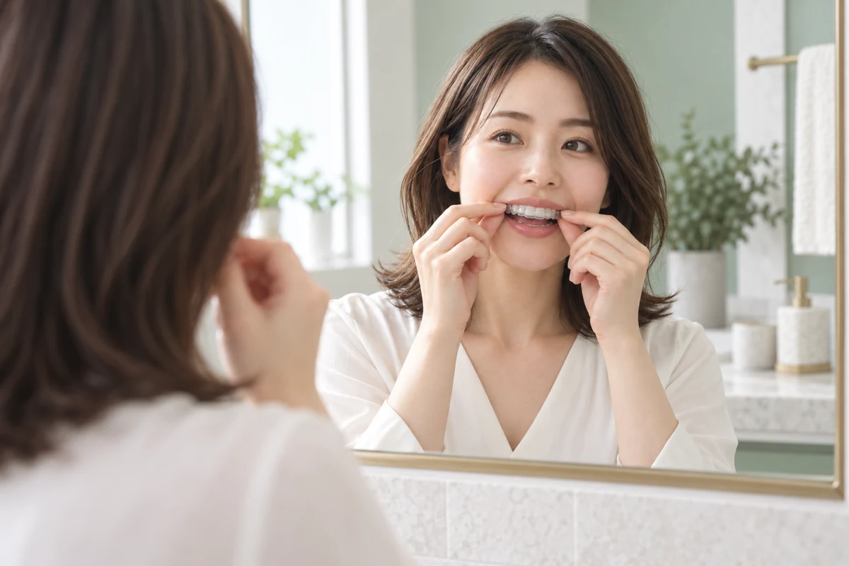 鏡を見ながらクリアリテーナーを装着する女性