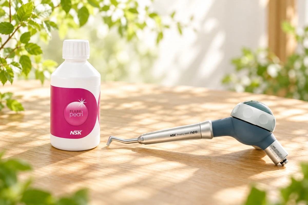 木漏れ日の差す木製テーブルに並ぶFLASH pearlとProphy-Mate neo