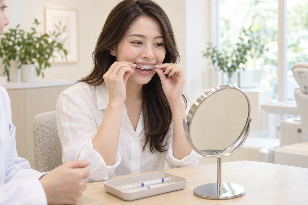 鏡を見ながらマウスピースの装着を確認する女性のイメージ