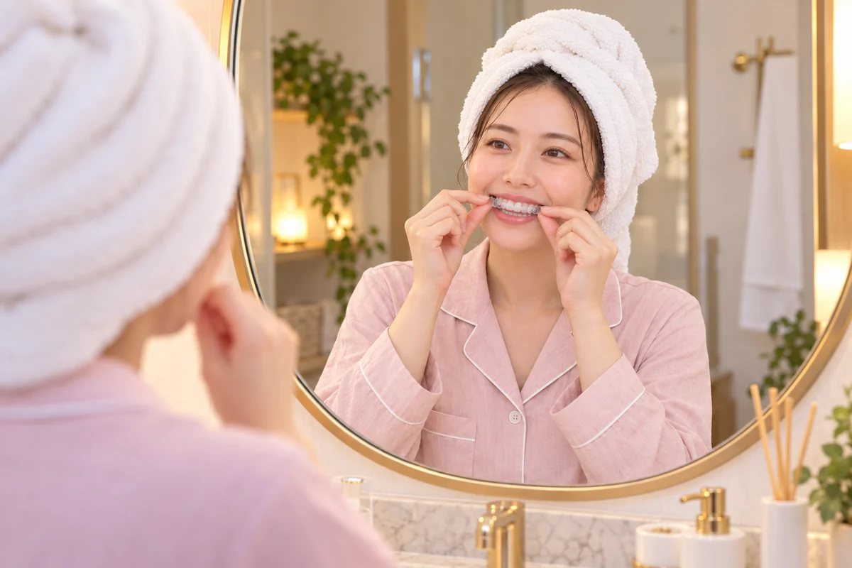 頭にタオルを巻いたパジャマ姿で鏡を見ながらホワイトニング用マウスピースを装着する女性のイメージ