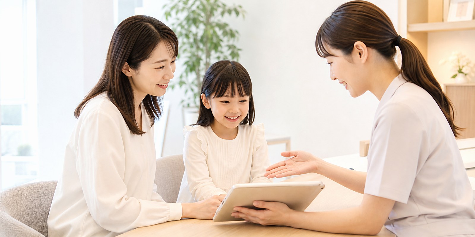 子どもの矯正治療費用について親子で説明を受ける様子